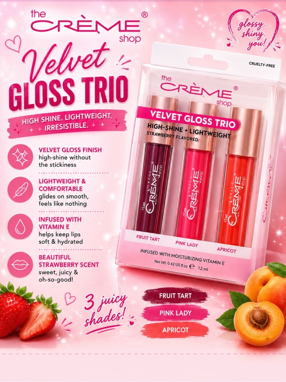 the CRÈME Shop Velvet Gloss Trio — Fruit Tart, Pink Lady And Apricot